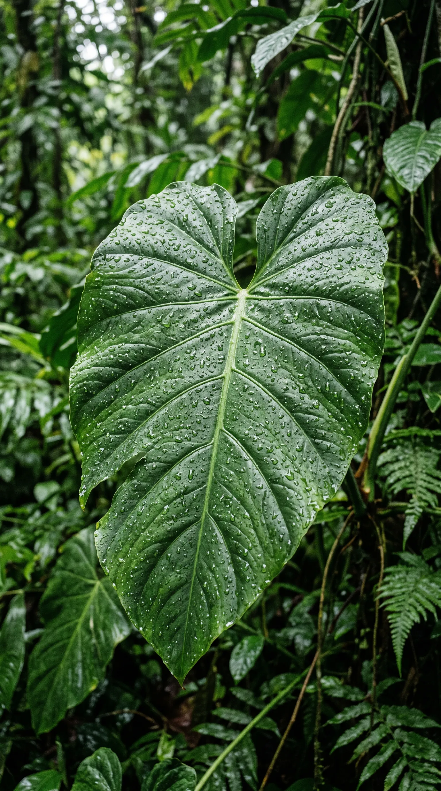 亚马逊雨林湿润阔叶特写，叶面挂满水珠，凯克 surfing 染色的环境场景