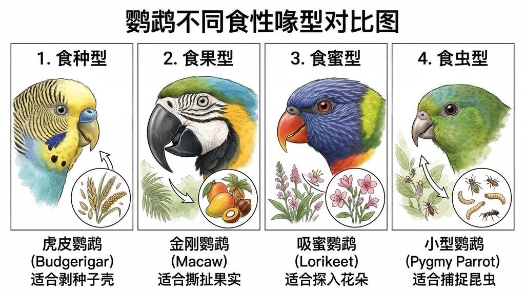 不同食性鹦鹉的喙型对比图