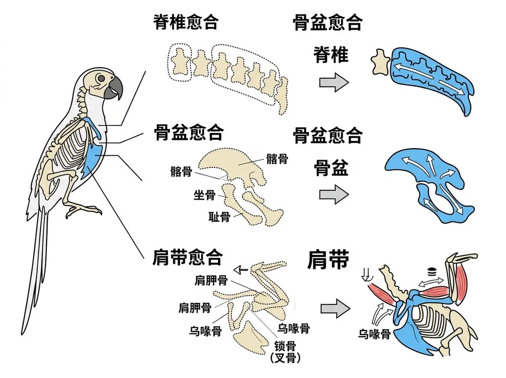 鹦鹉骨骼融合特征示意图