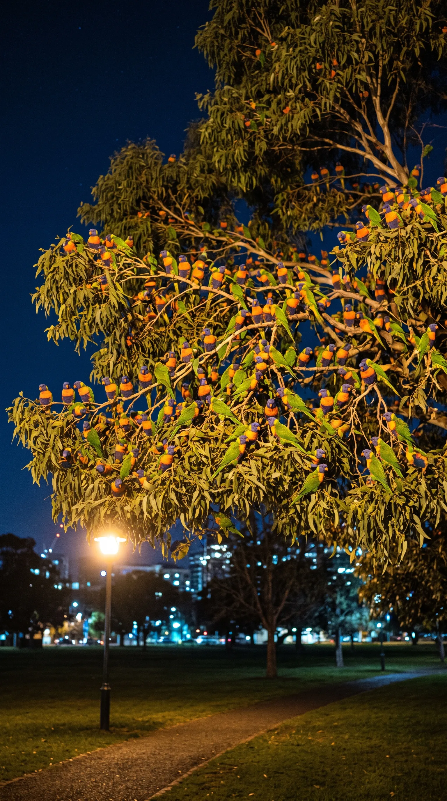 几百只吸蜜夜栖在路灯下亮着的树上